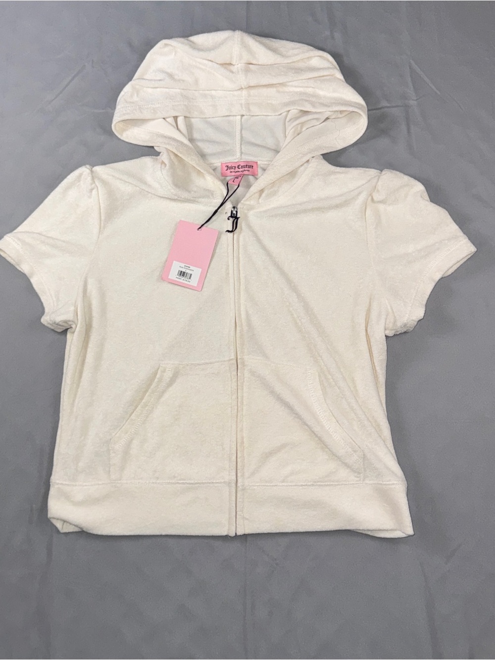 Juicy Couture Hoodie Womens L White Short Sleeve Velour Zip Rhinestone Juicy